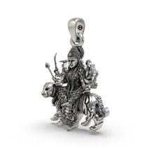Close-up of the handcrafted 925 sterling silver Durga Maa pendant highlighting the multi-armed Shakti.