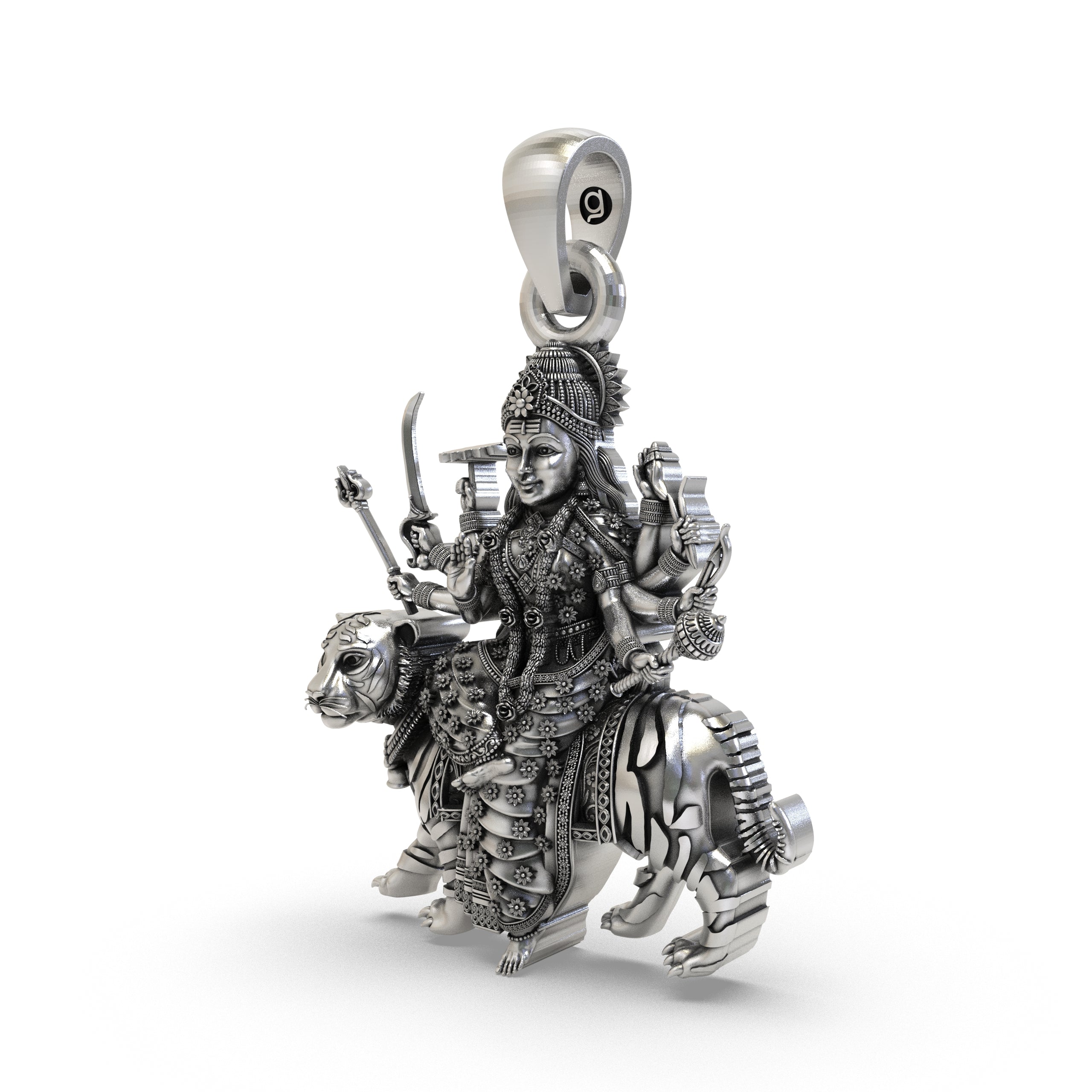 Close-up of the handcrafted 925 sterling silver Durga Maa pendant highlighting the multi-armed Shakti.