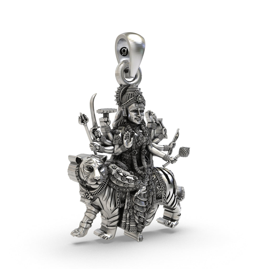 Side profile of the antique-oxidized 925 silver Durga Maa pendant featuring the Trishul and mudras.
