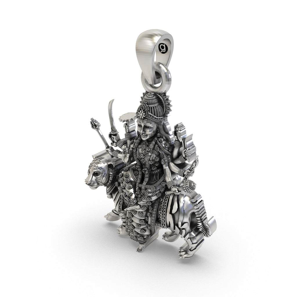 Beautiful 925 silver Durga Maa pendant with tiger vahana, perfect for Navratri devotion and daily wear.