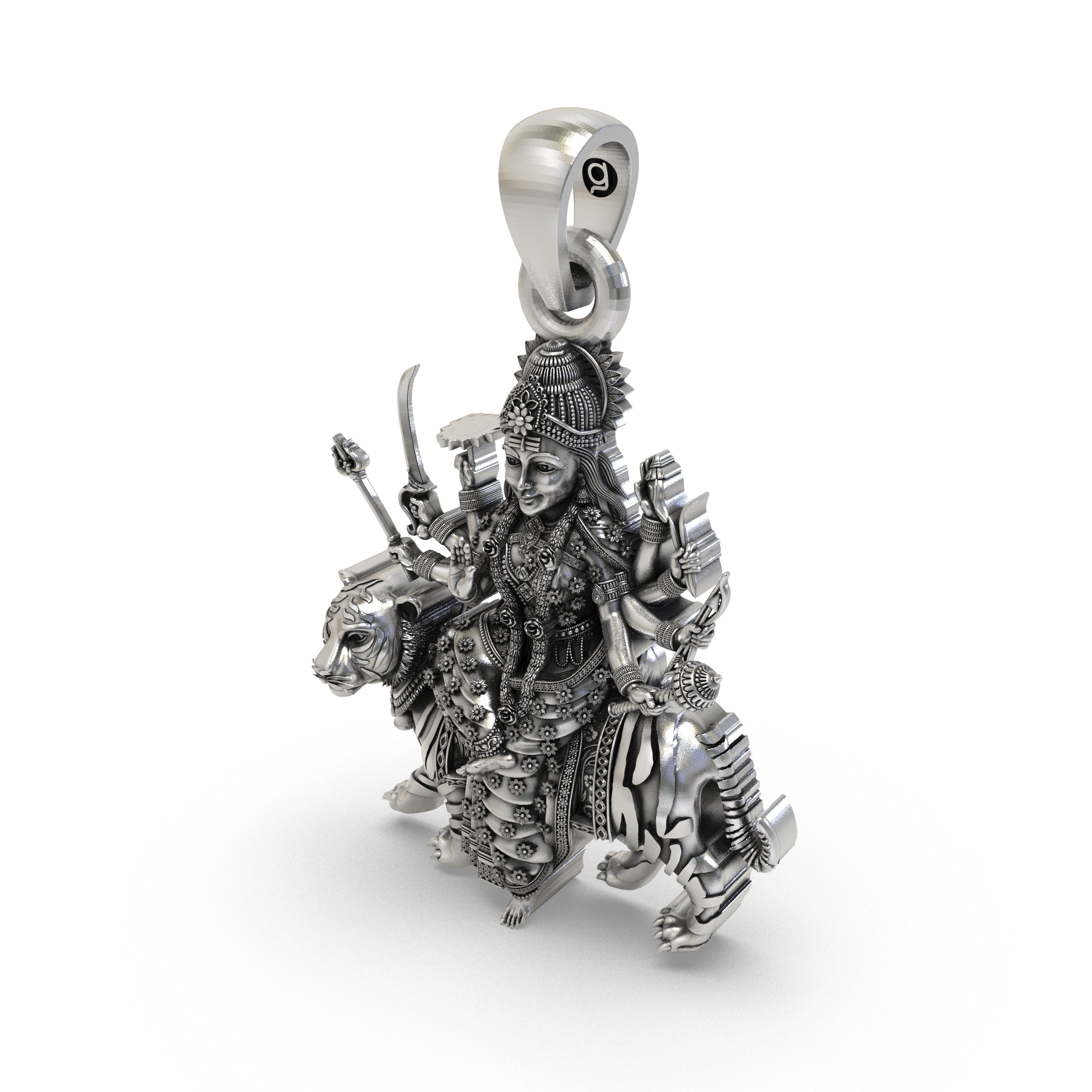Beautiful 925 silver Durga Maa pendant with tiger vahana, perfect for Navratri devotion and daily wear.