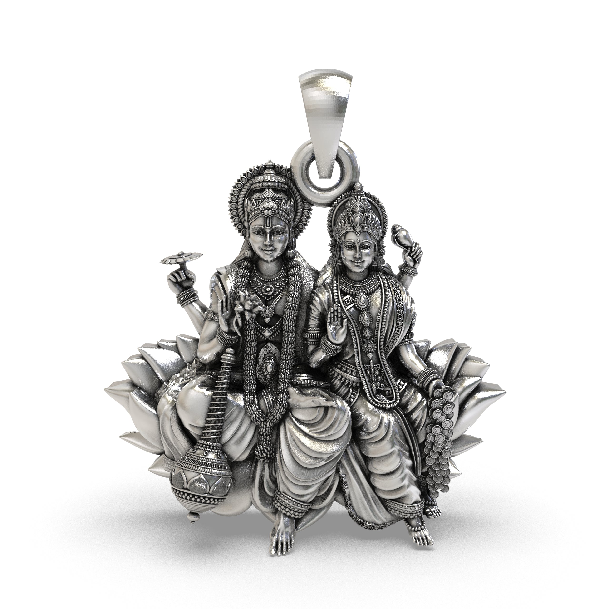 Front view of the 925 silver Lakshmi Narayan pendant showing Vishnu and Lakshmi on a lotus. Main image