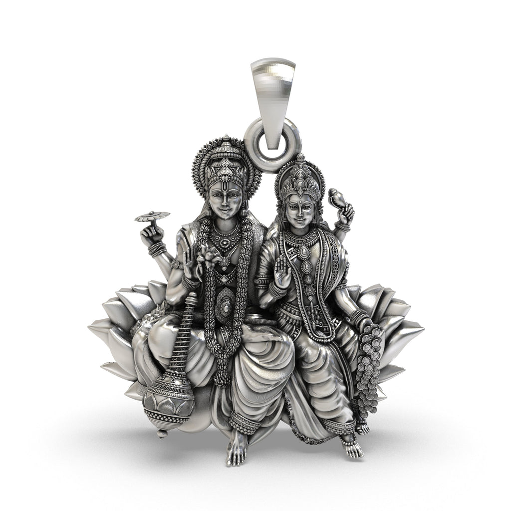 Front view of the 925 silver Lakshmi Narayan pendant showing Vishnu and Lakshmi on a lotus.