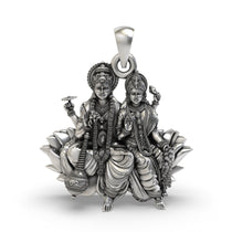 Front view of the 925 silver Lakshmi Narayan pendant showing Vishnu and Lakshmi on a lotus.