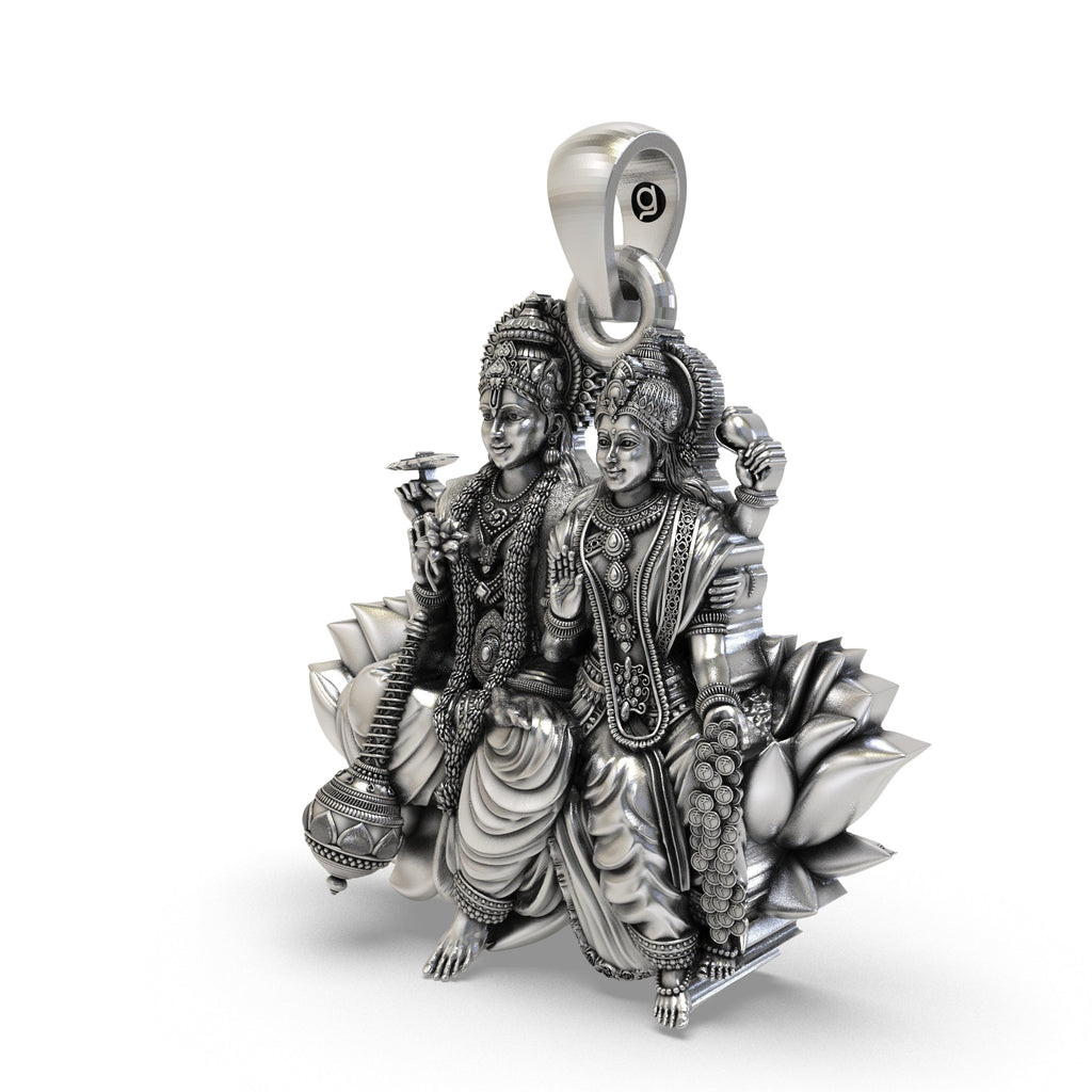 Close-up detail of the antique oxidized 925 silver Lakshmi Narayan temple jewelry pendant.