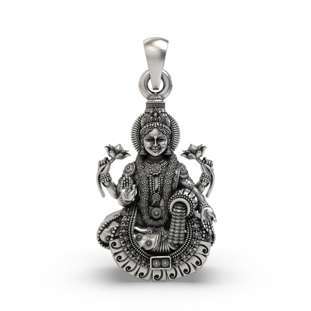Front view of the 925 silver Lakshmi Maa pendant showing the four-armed goddess on a lotus.
