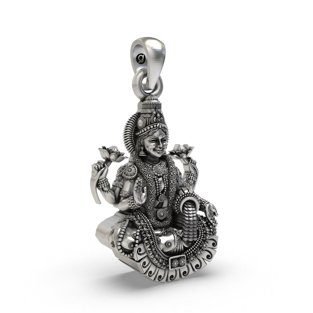 Angled profile of the handcrafted 925 sterling silver Goddess Lakshmi pendant for wealth.