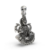 Angled profile of the handcrafted 925 sterling silver Goddess Lakshmi pendant for wealth.
