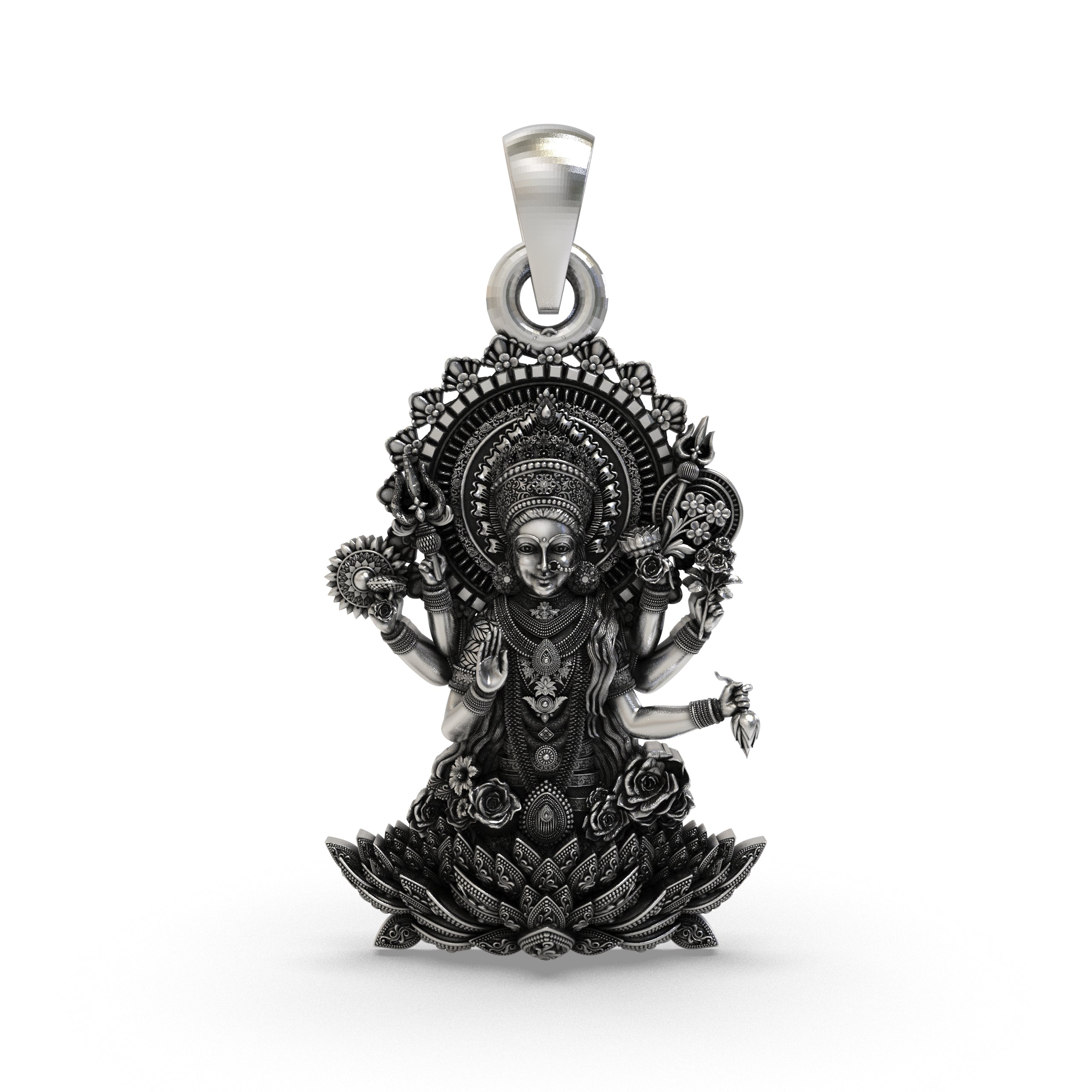 Front view of the 925 silver Lakshmi Maa pendant showing the goddess on a lotus with antique oxidized finish. Main image