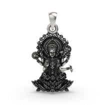 Front view of the 925 silver Lakshmi Maa pendant showing the goddess on a lotus with antique oxidized finish.