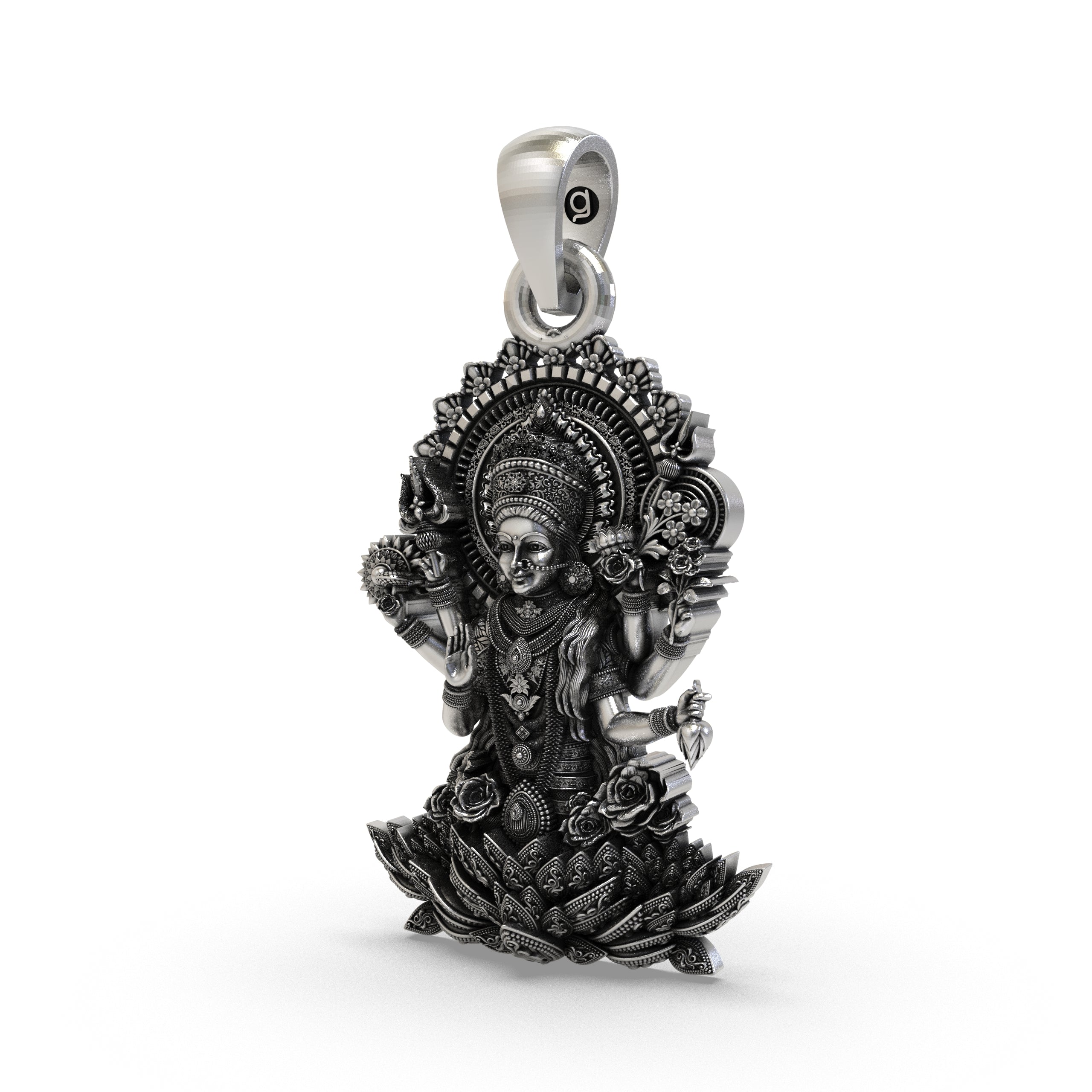 925 Silver Lakshmi Maa Pendant – Multi-Armed Goddess on Lotus with Floral Halo & Blessing Hand, Antique-Oxidized Handcrafted Temple Jewelry Secondary image