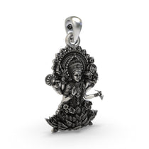 Angled profile of the handcrafted oxidized 925 silver Lakshmi Maa temple jewelry pendant for daily wear.