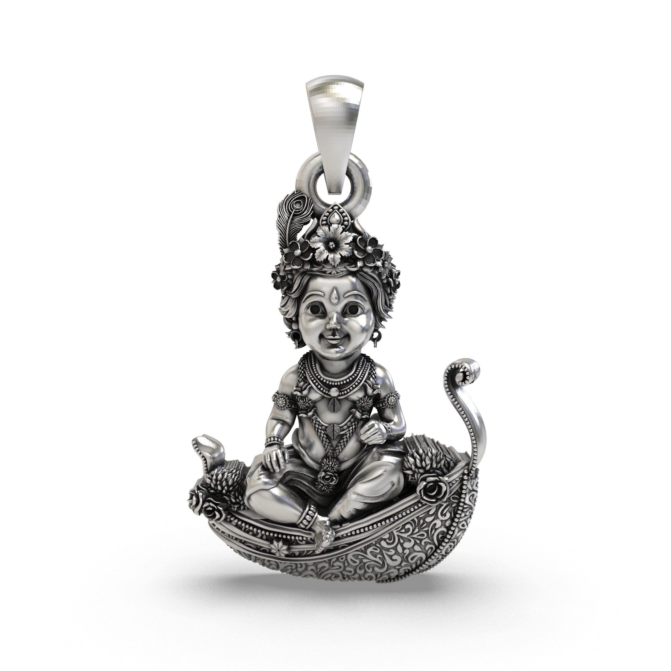 Front view of 925 Silver Bal Krishna pendant on a peepal leaf with antique oxidized finish. Main image