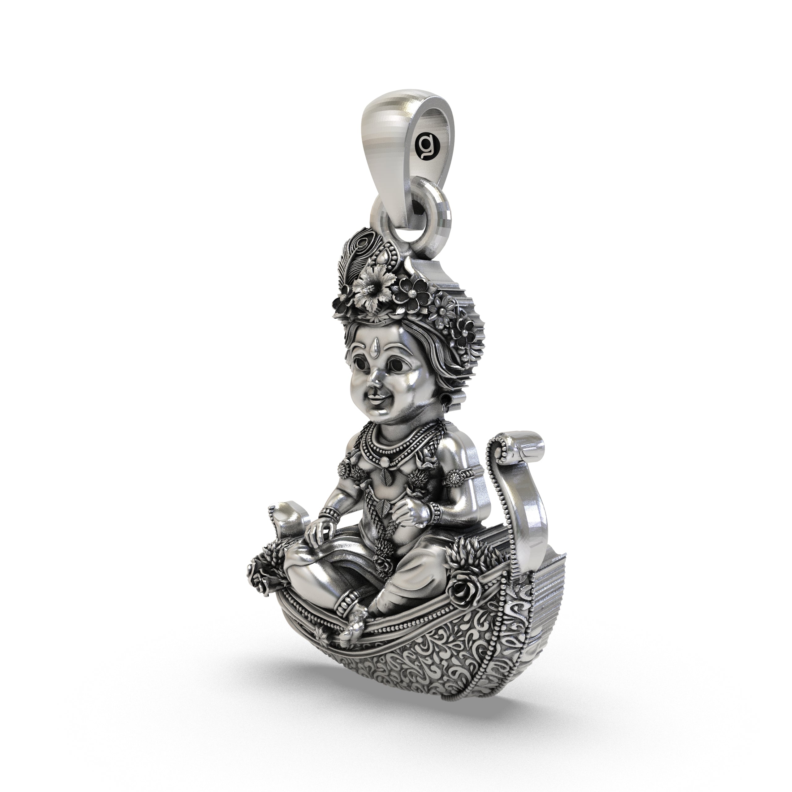 Close-up detail of the handcrafted 925 sterling silver Laddu Gopal pendant showing the peacock crown.