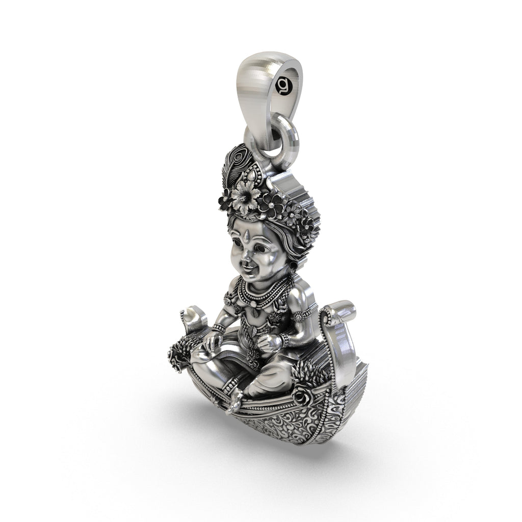 Back profile and scale view of the 925 silver Bal Krishna devotional jewelry piece by Alankar.