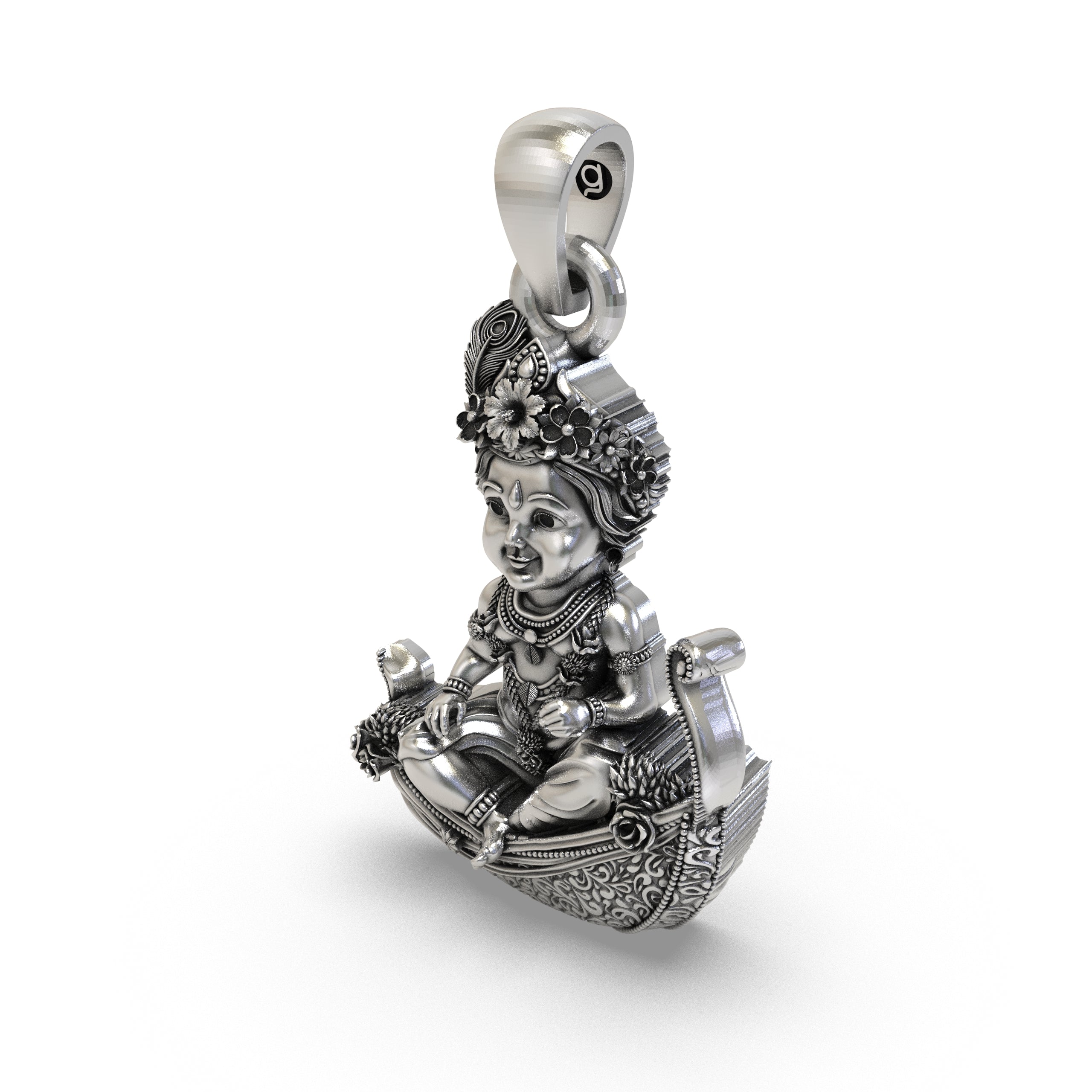 Back profile and scale view of the 925 silver Bal Krishna devotional jewelry piece by Alankar.