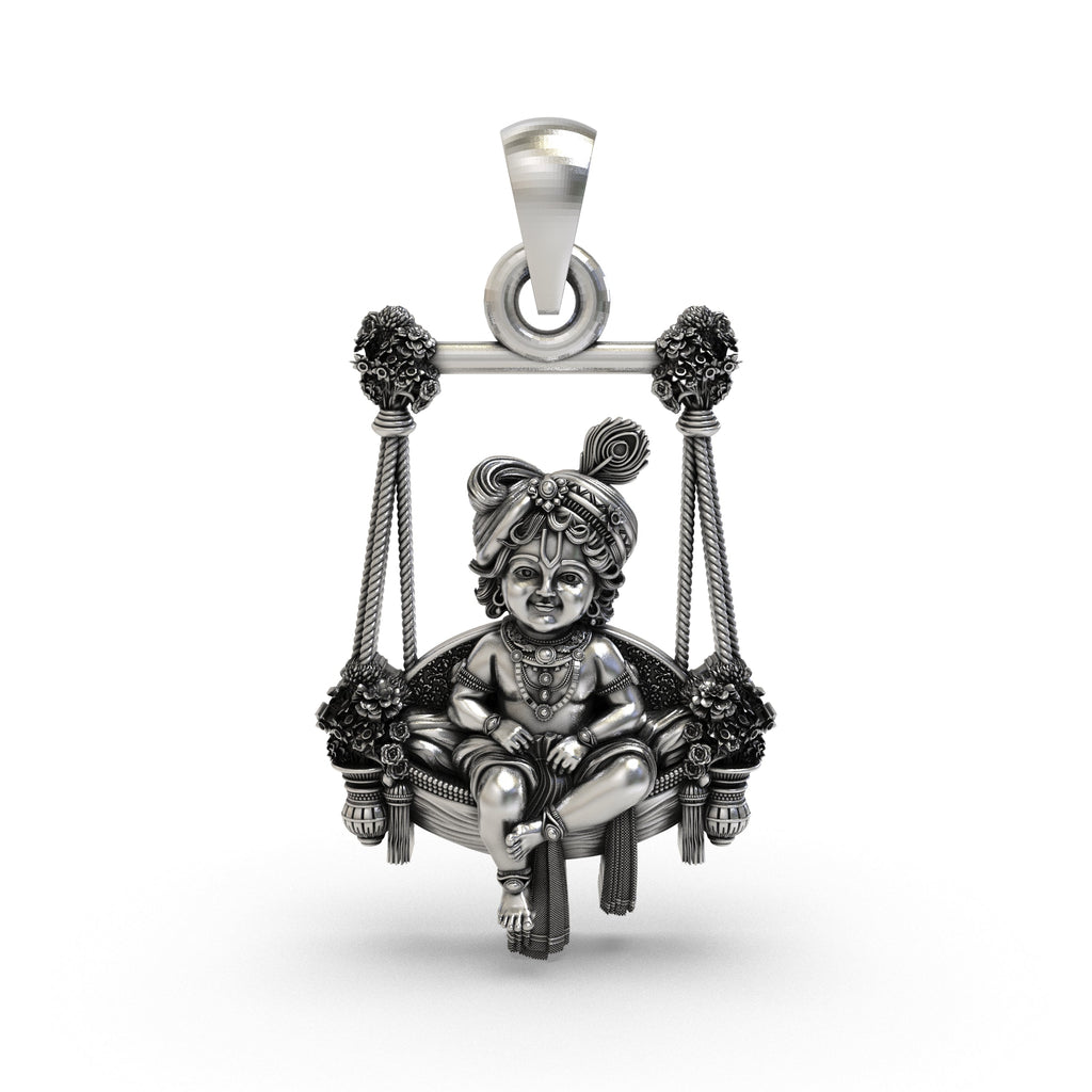 Front view of the 925 silver Bal Gopal swing pendant featuring intricate oxidized detailing.