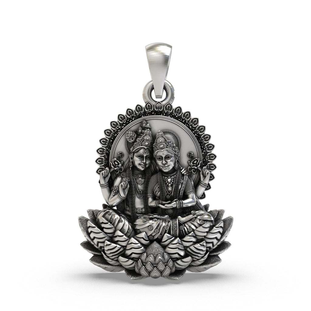 Front view of the 925 Silver Lakshmi Narayan Pendant showing the divine couple seated on a lotus.