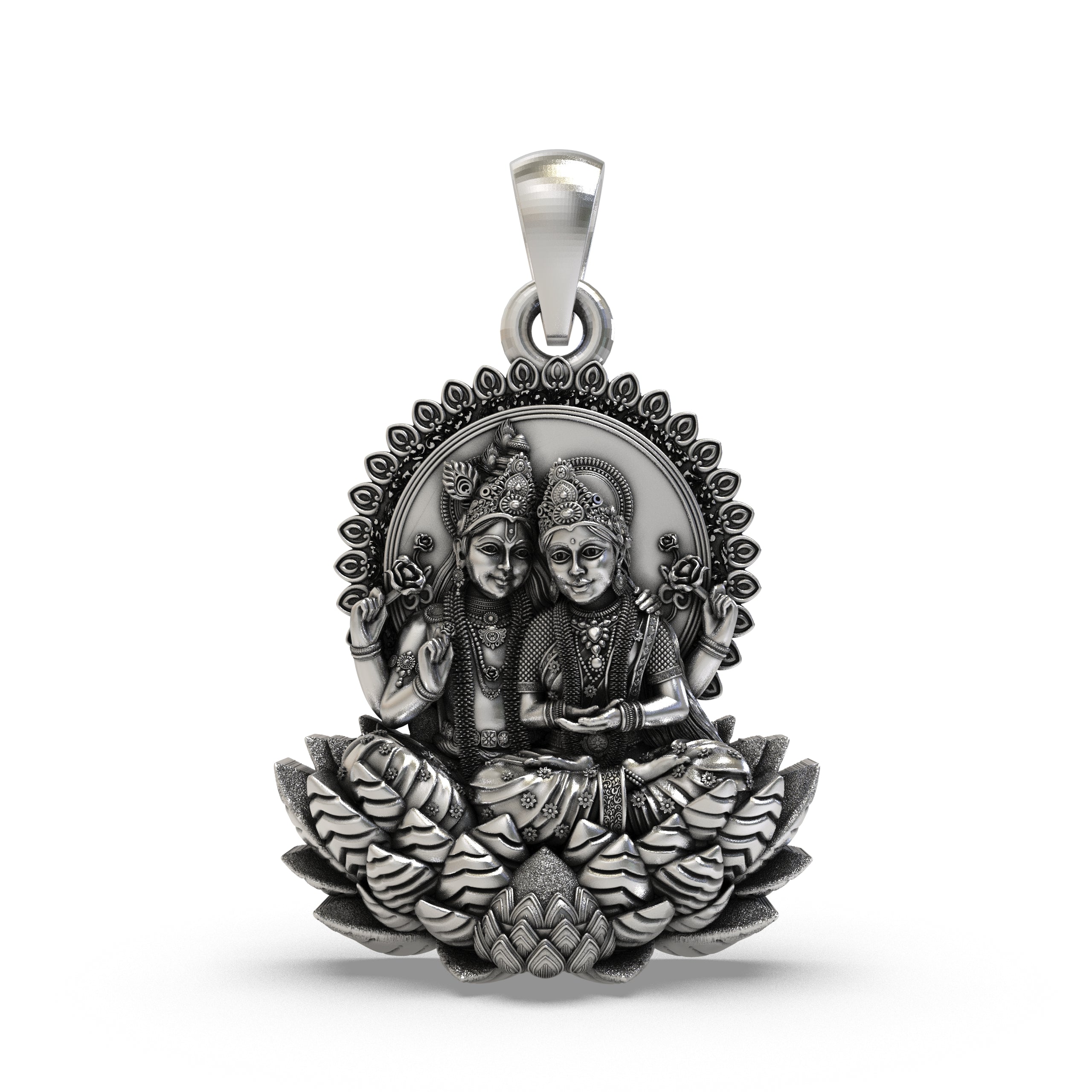 Front view of the 925 Silver Lakshmi Narayan Pendant showing the divine couple seated on a lotus.