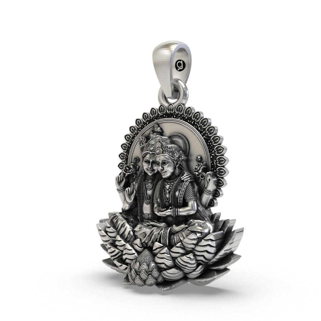 Close-up detail of the antique oxidized finish on the handcrafted 925 Silver Lakshmi Narayan Pendant.