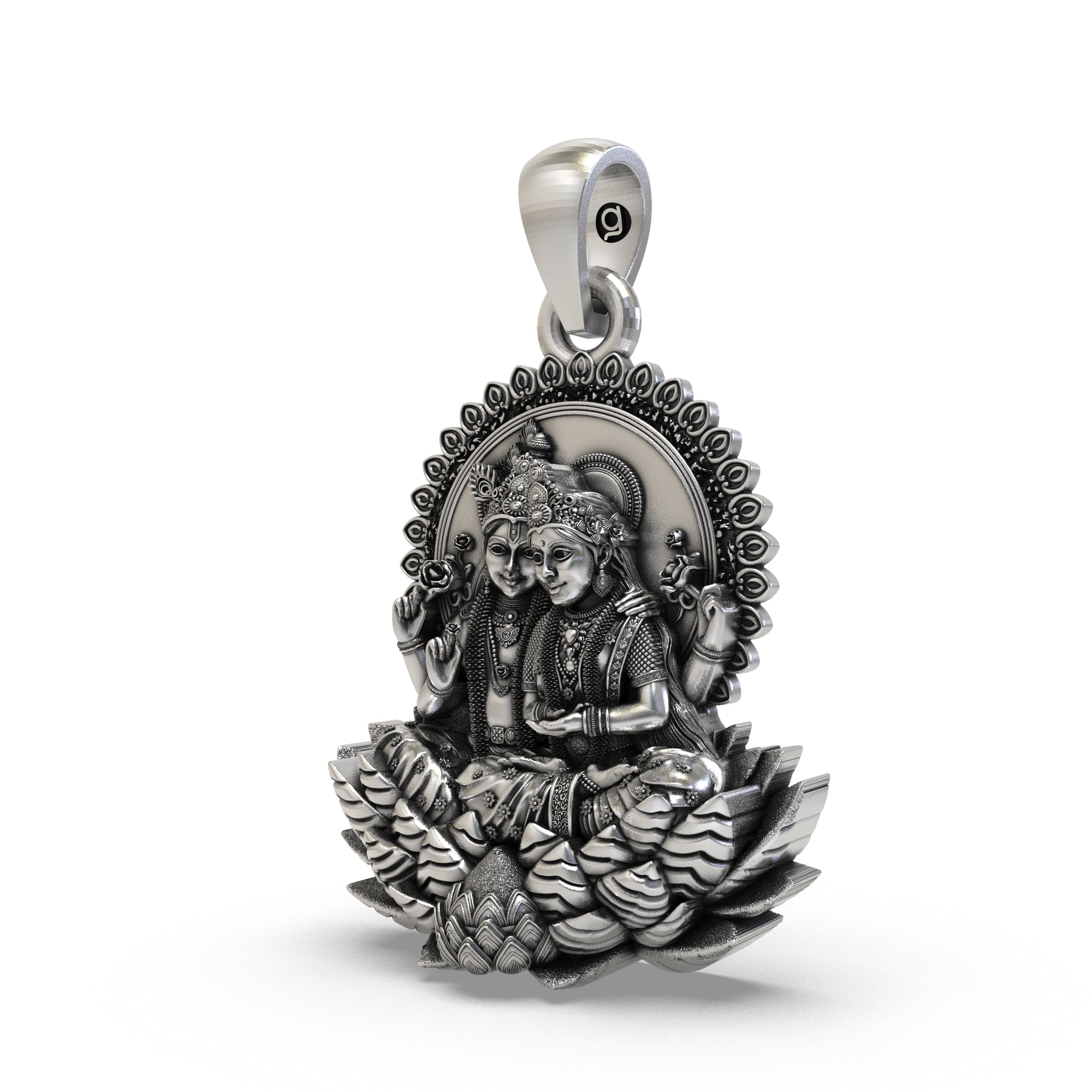 Close-up detail of the antique oxidized finish on the handcrafted 925 Silver Lakshmi Narayan Pendant.