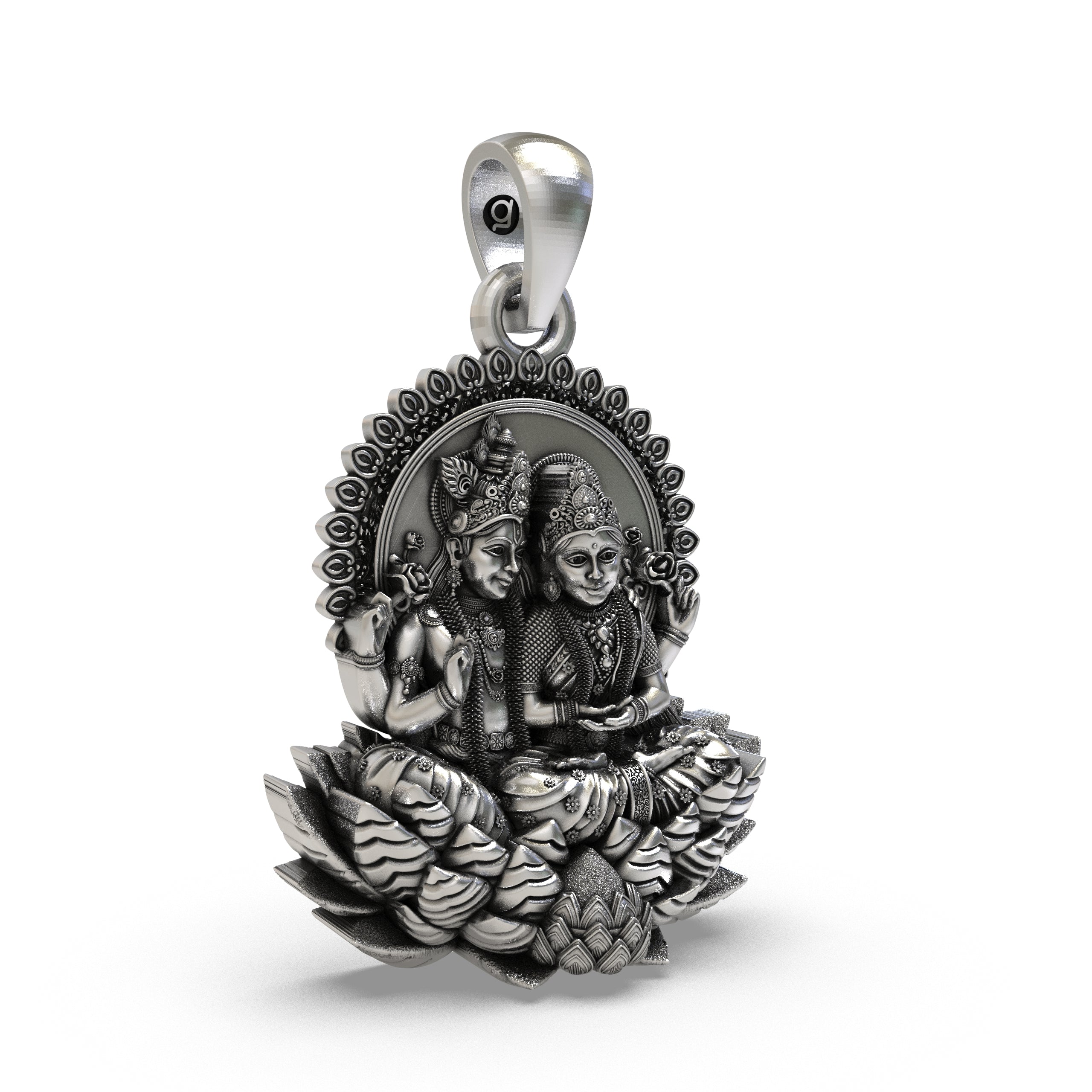 Side profile of the hallmarked 925 Silver Lakshmi Narayan Pendant highlighting the intricate bail.