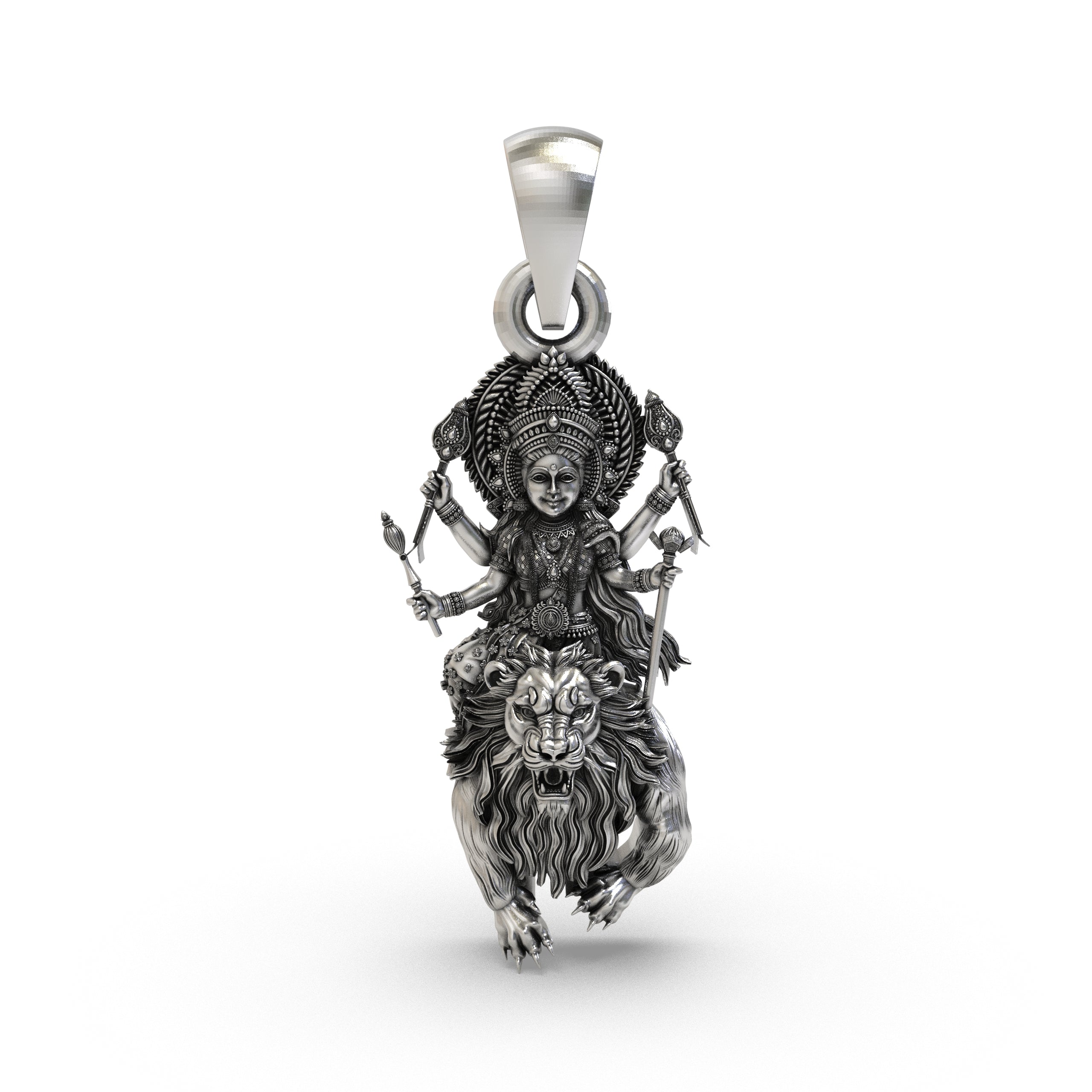 Front view of the 925 silver Durga Maa pendant showing intricate Simhavahini details. Main image