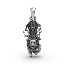 Front view of the 925 silver Durga Maa pendant showing intricate Simhavahini details.