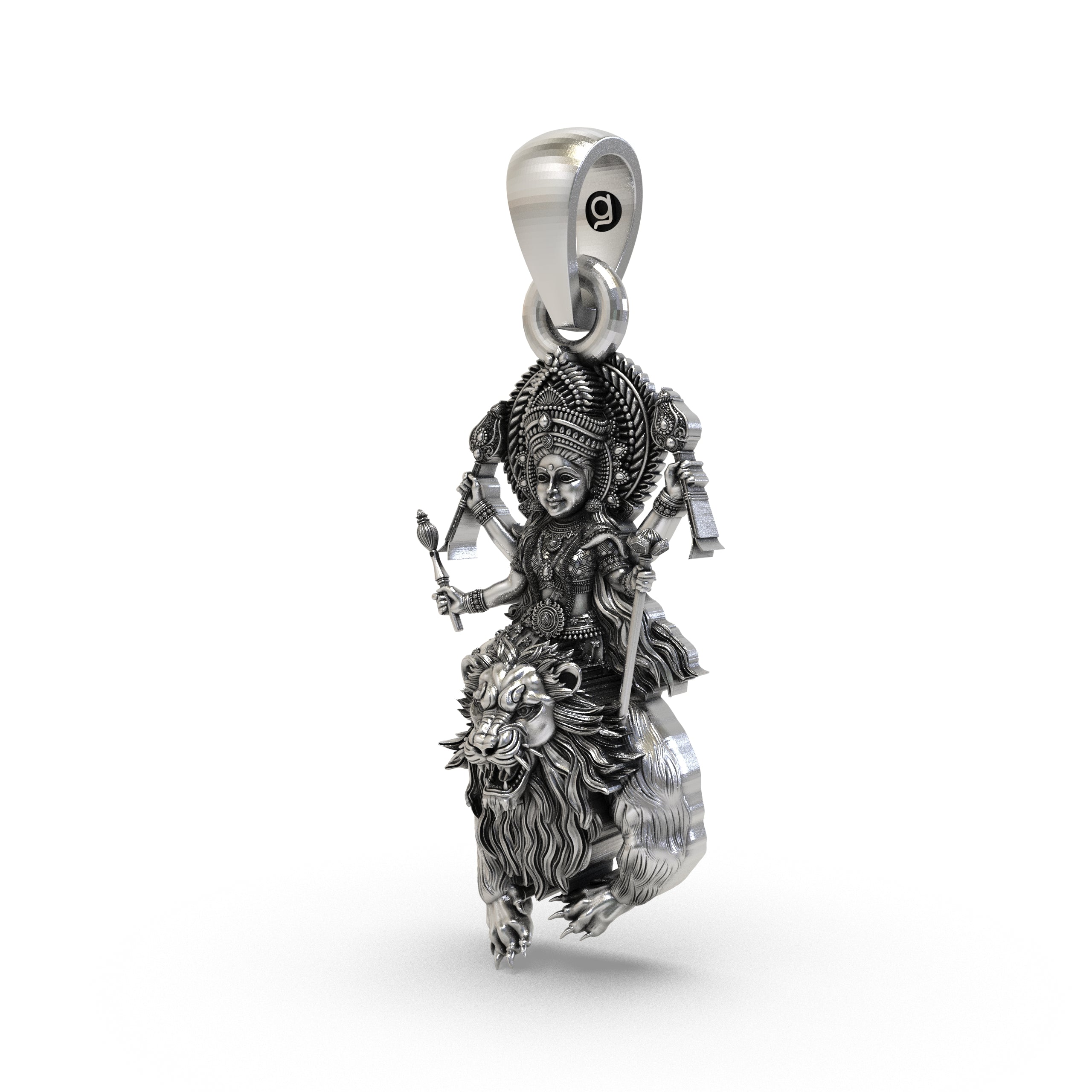 Close-up of the antique oxidized finish on the pure silver Navdurga icon pendant.