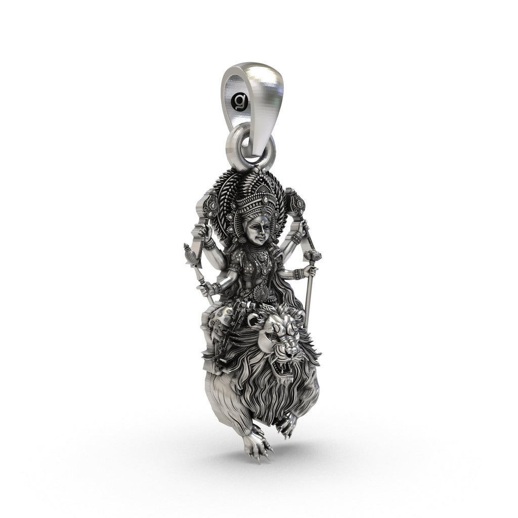 Side profile of the unisex 925 silver Goddess Durga pendant highlighting the secure bail.