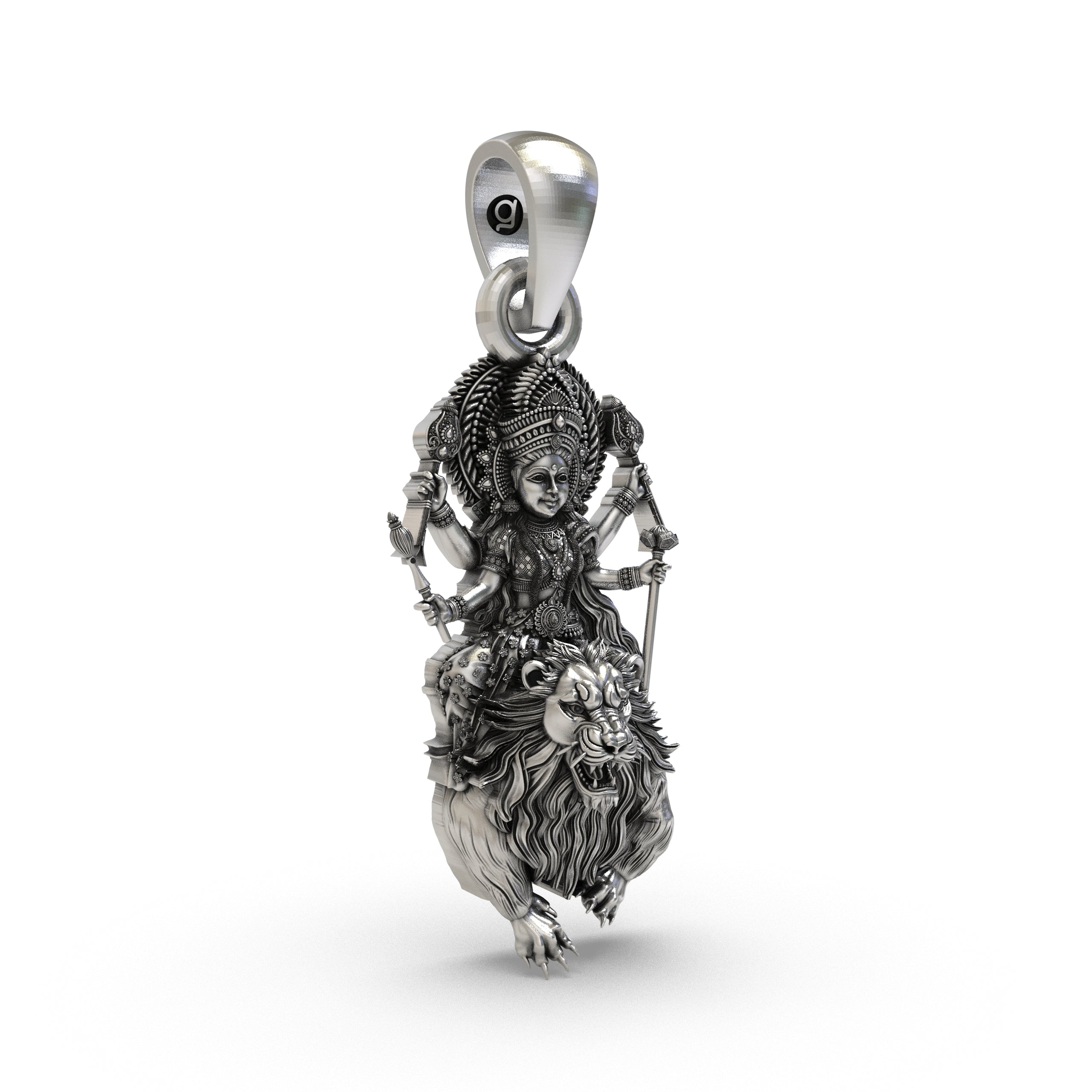 Side profile of the unisex 925 silver Goddess Durga pendant highlighting the secure bail.