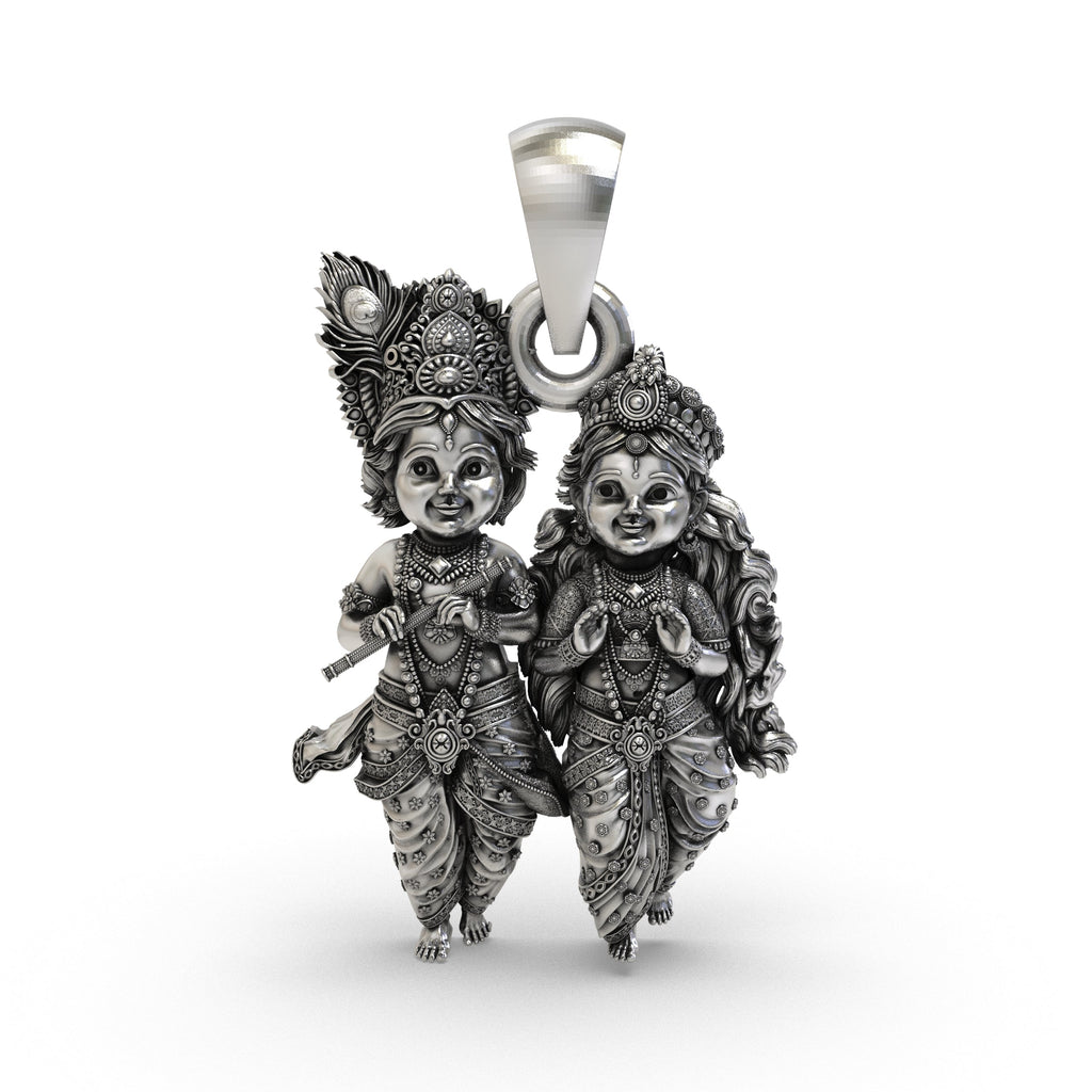 Front view of the Bal Radha Krishna 925 Silver Pendant showing intricate 3D detailing.
