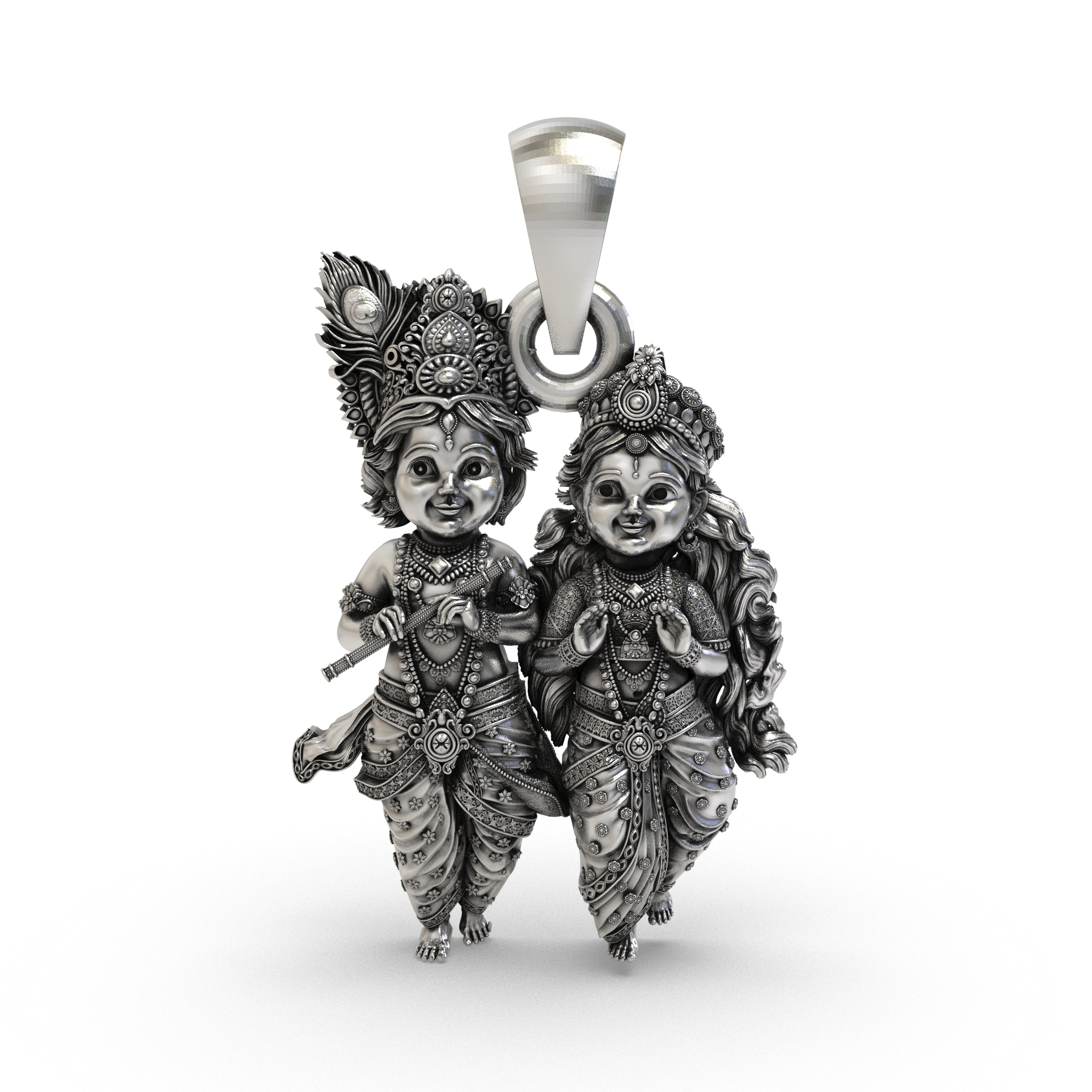 Front view of the Bal Radha Krishna 925 Silver Pendant showing intricate 3D detailing.