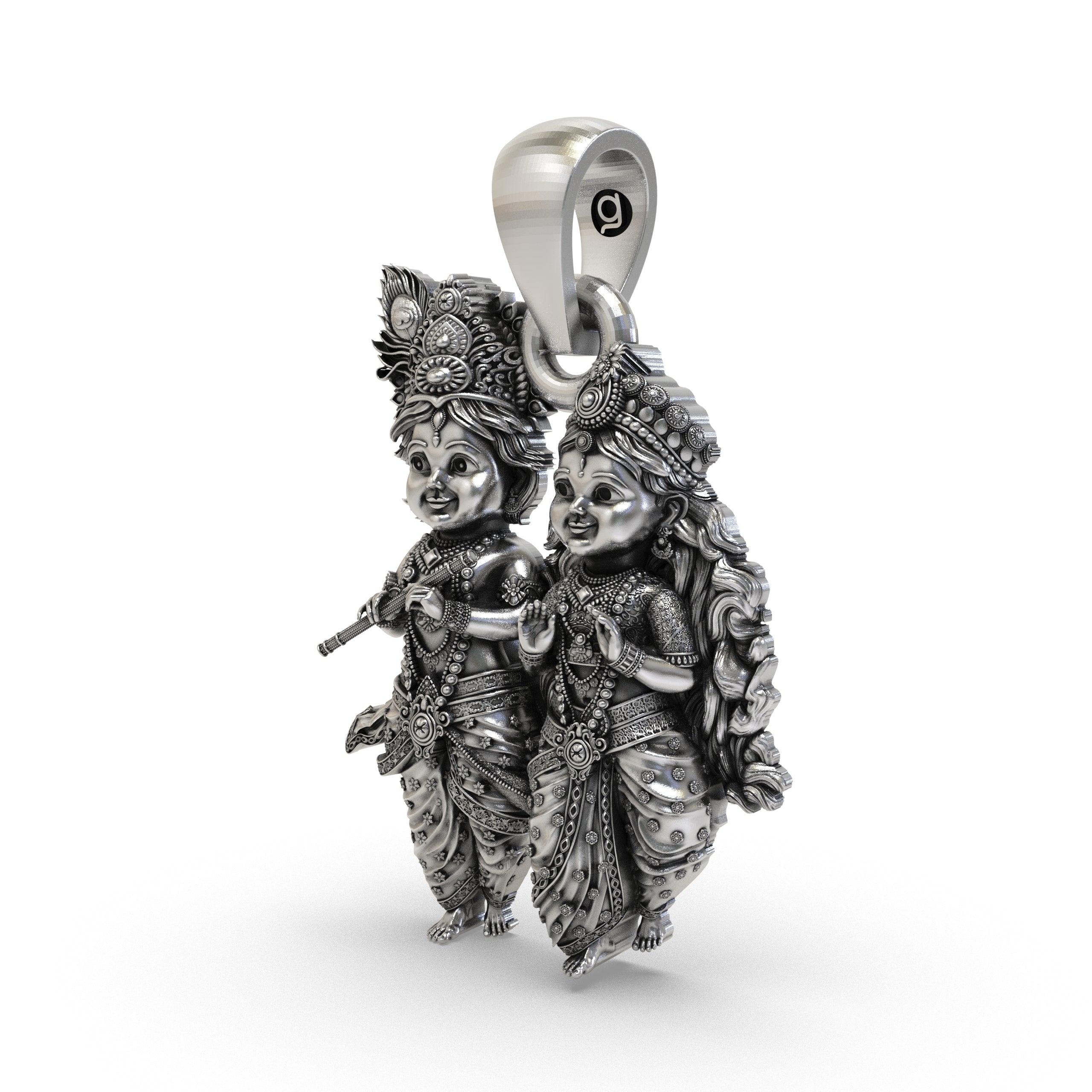 Close-up of the antique-oxidized finish on the 925 Silver Radha Krishna spiritual pendant.