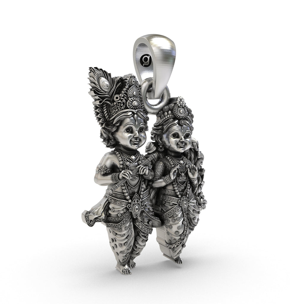 Side view detailing the secure bail of the 925 silver Bal Radha Krishna daily wear pendant.