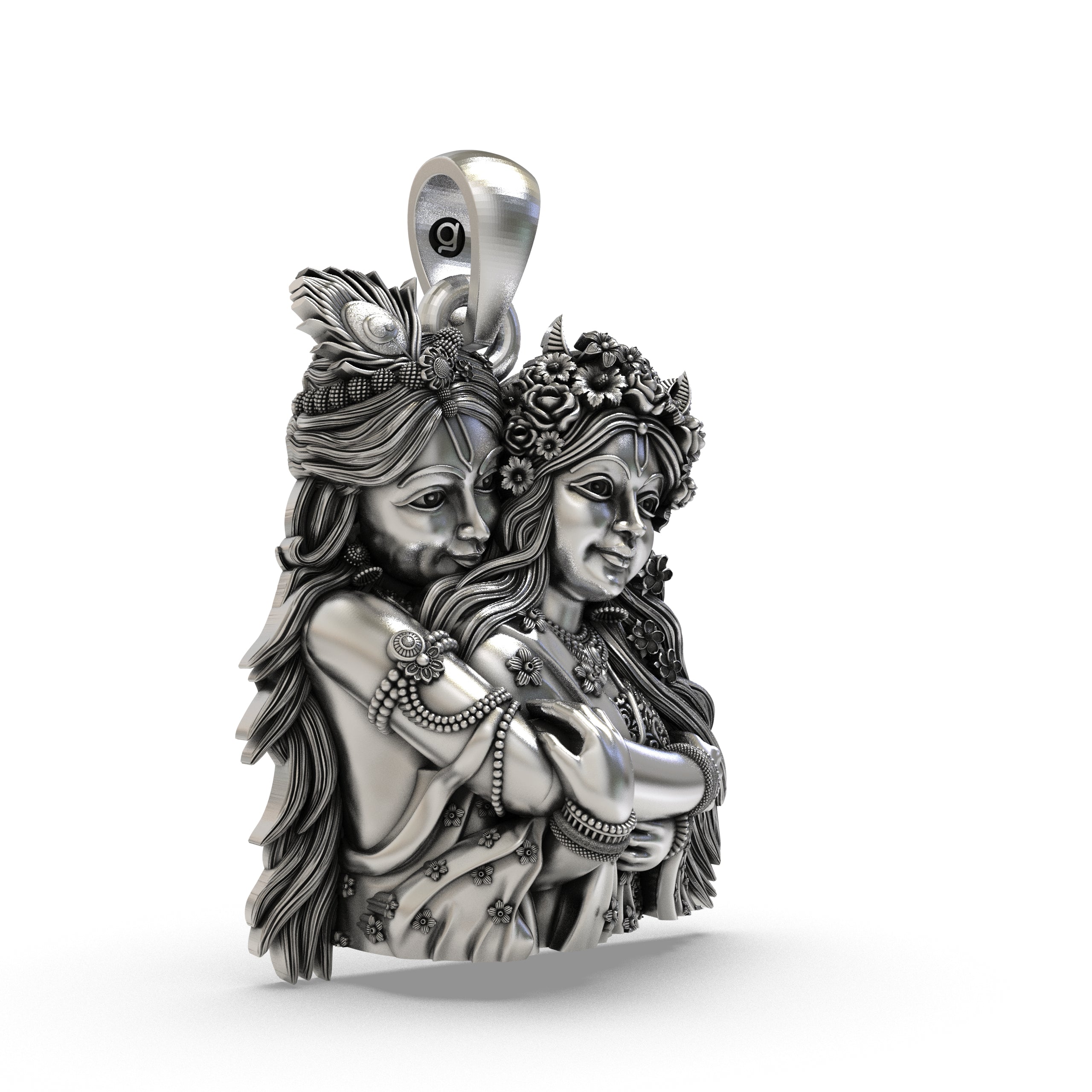 Angled view of the 30mm handcrafted silver Radha Krishna pendant displaying the front-facing bail.