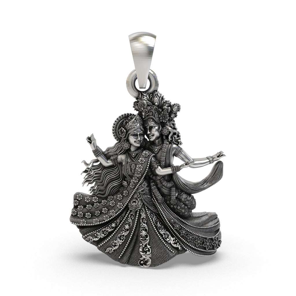 Front view of the 925 silver Radha Krishna Raas Leela pendant with antique oxidized finish.