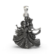 Front view of the 925 silver Radha Krishna Raas Leela pendant with antique oxidized finish.