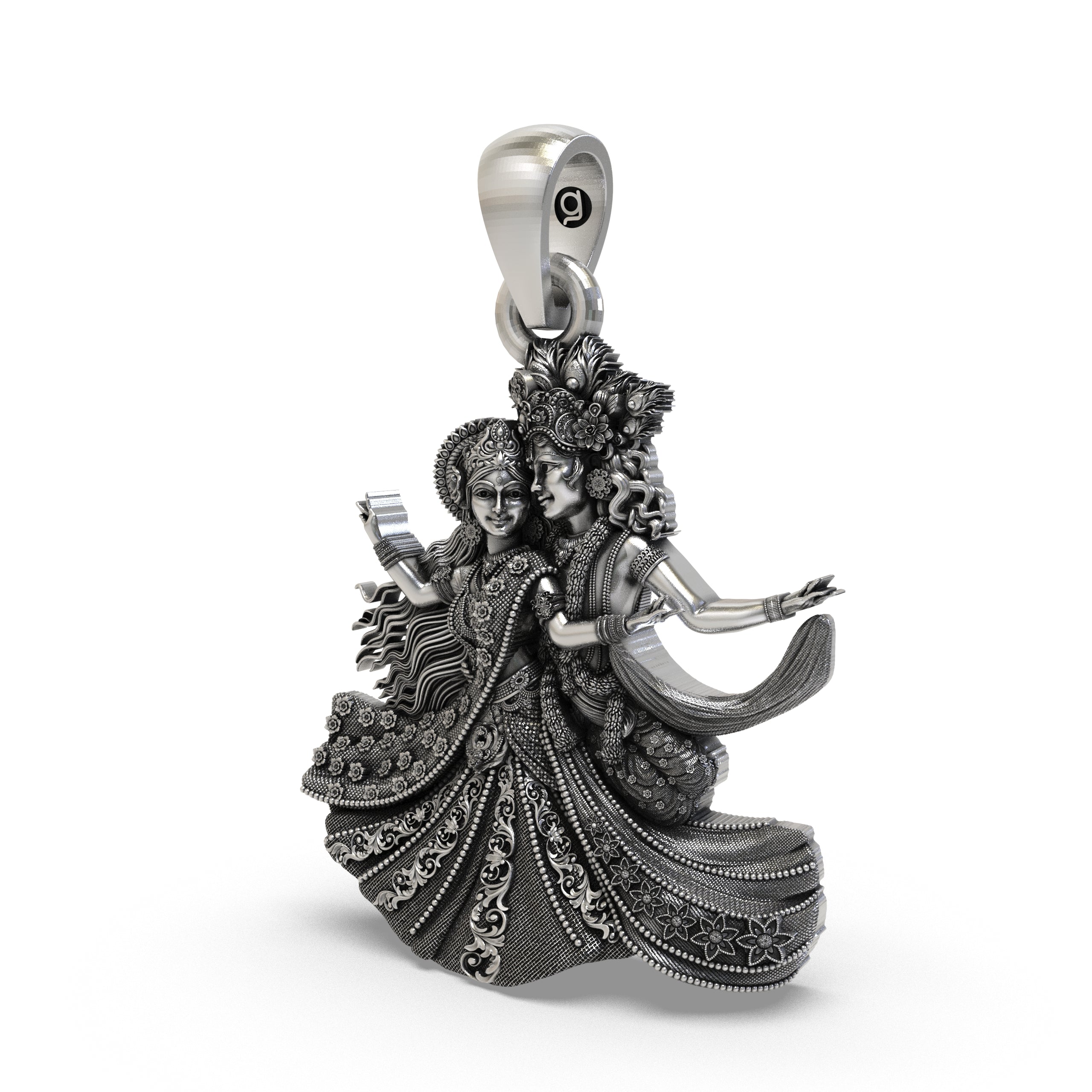Close-up detailing the floral motifs on the handcrafted Radha Krishna dancing silver pendant.