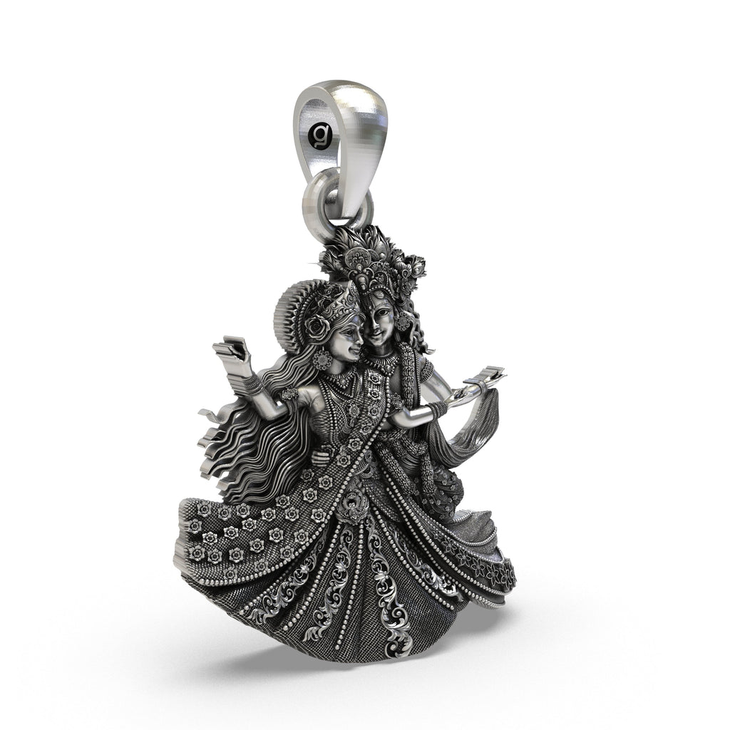Side profile of the solid 925 sterling silver Radha Krishna Vrindavan idol necklace.
