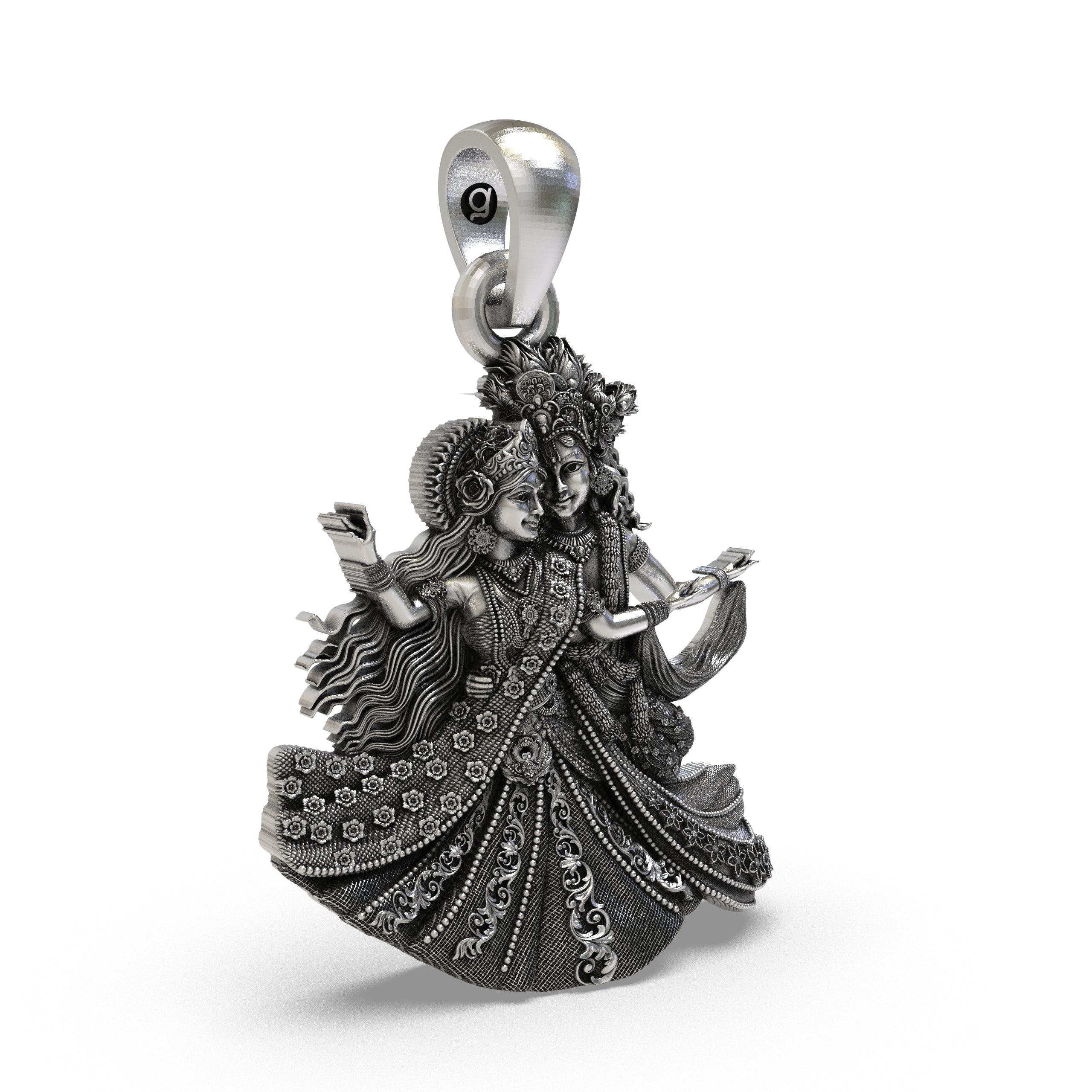 Side profile of the solid 925 sterling silver Radha Krishna Vrindavan idol necklace.