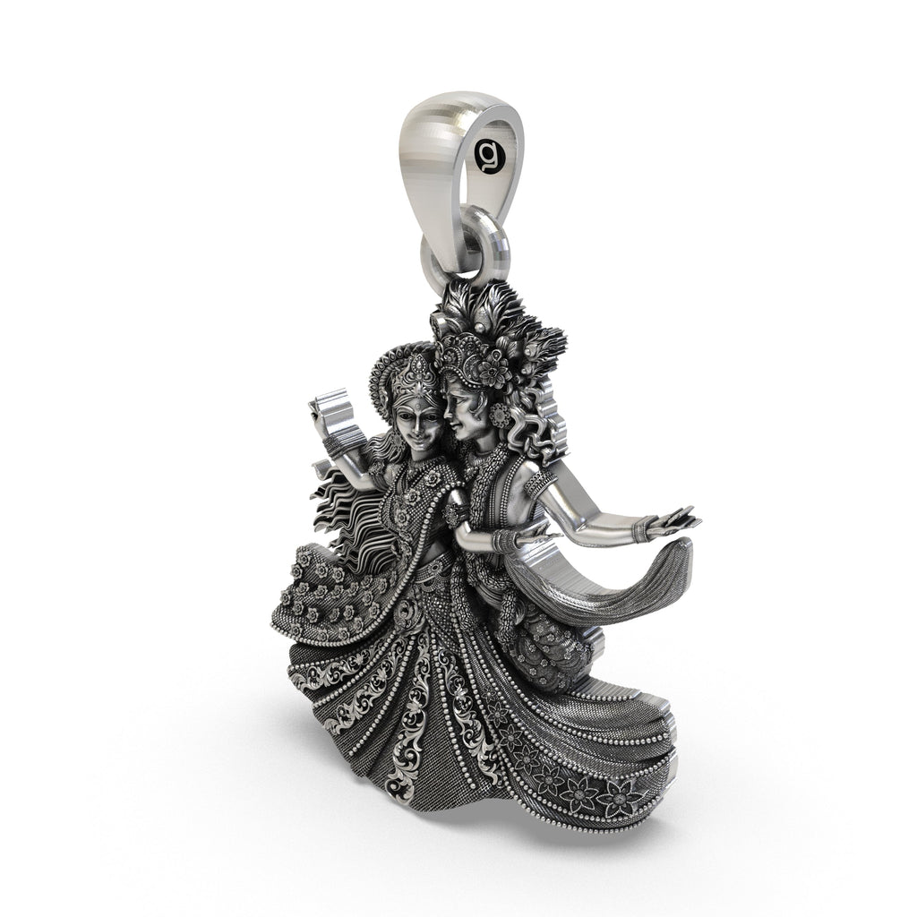Worn look of the unisex Radha Krishna Raas Leela pendant in skin-friendly 925 sterling silver.