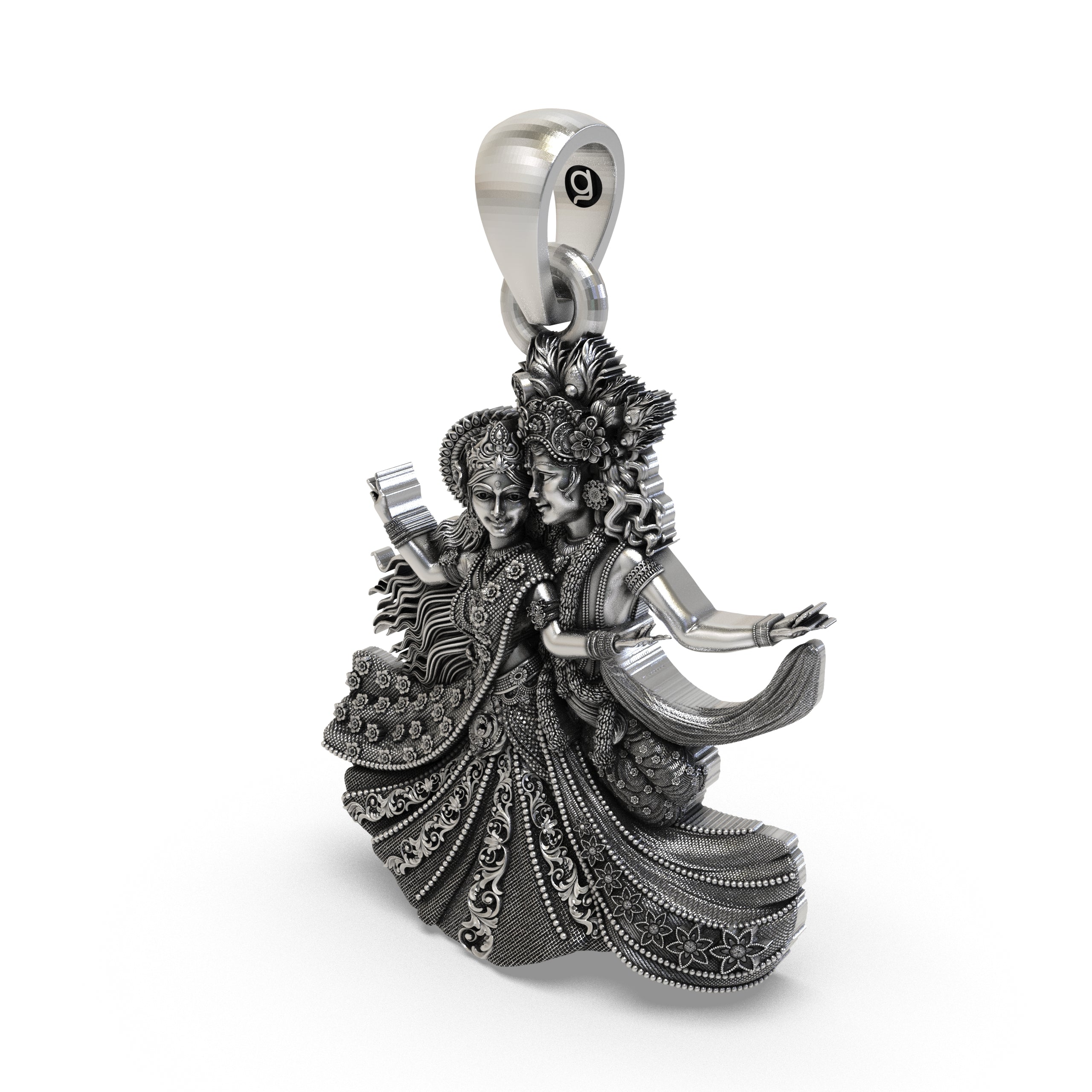 Worn look of the unisex Radha Krishna Raas Leela pendant in skin-friendly 925 sterling silver.