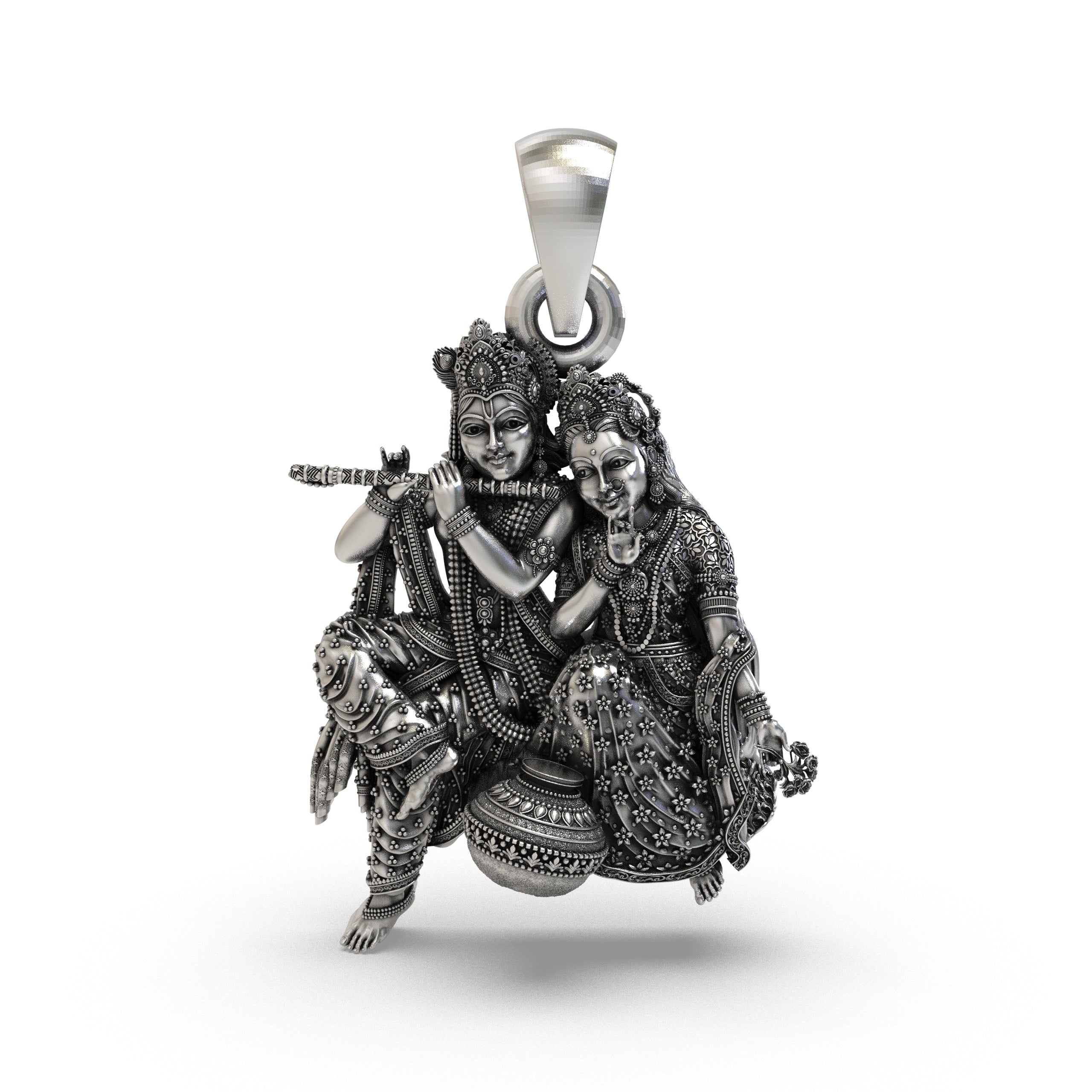Front view of the 925 Silver Radha Krishna Matki Pendant featuring intricate oxidized detailing.