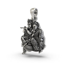 Close-up of the 925 Sterling Silver Radha Krishna Pendant showing the flute and matki design.