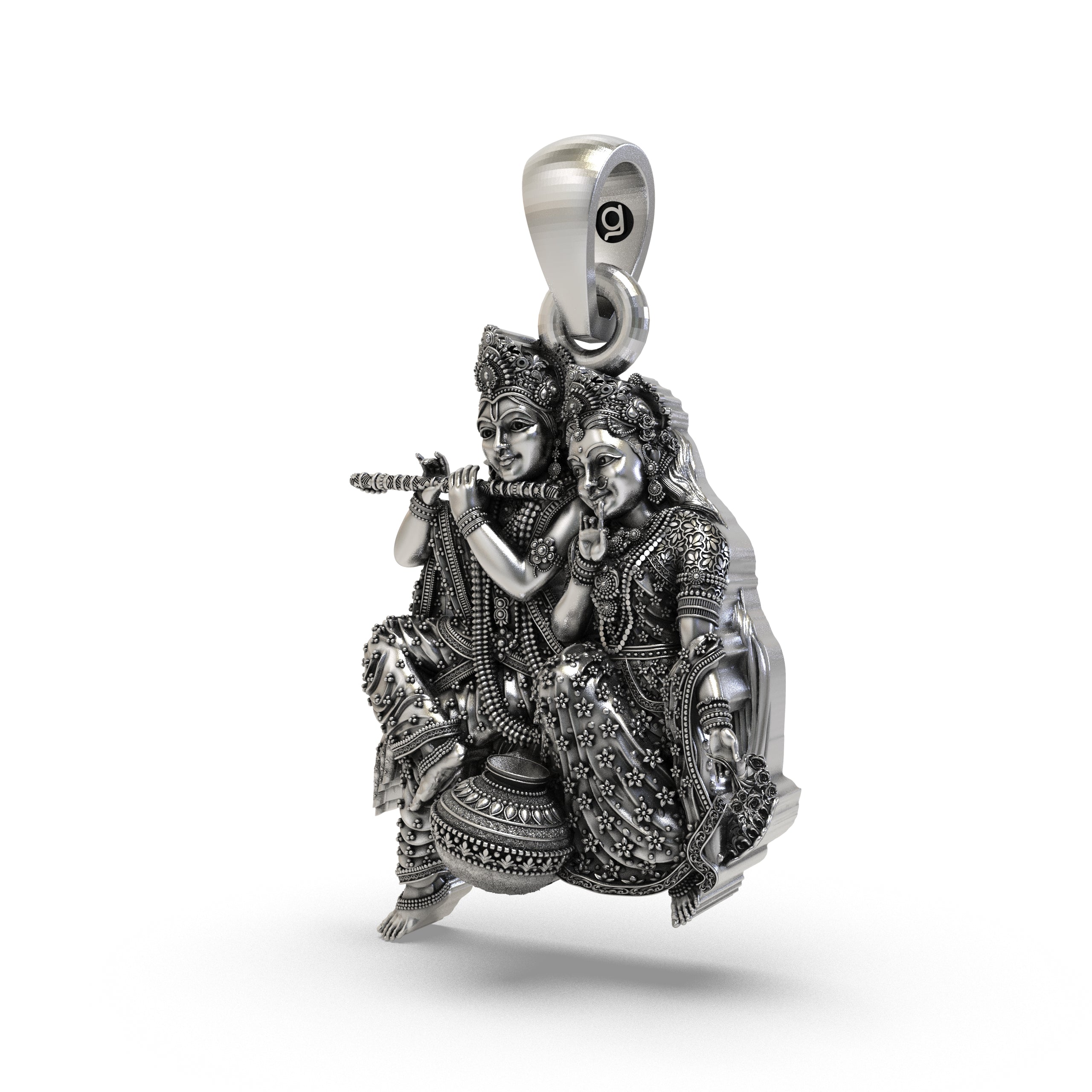 Close-up of the 925 Sterling Silver Radha Krishna Pendant showing the flute and matki design.