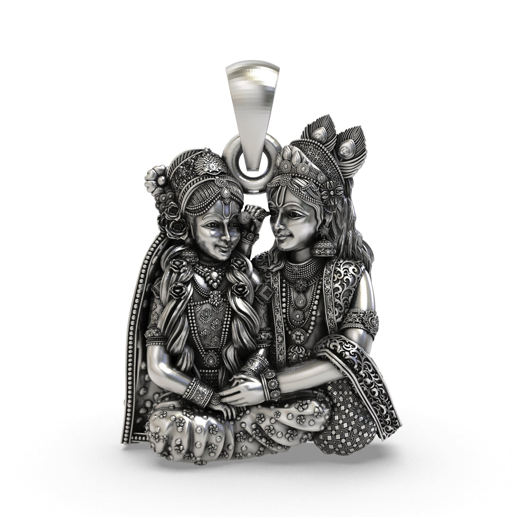Front view of the 925 sterling silver Radha Krishna seated love pendant with oxidized finish.