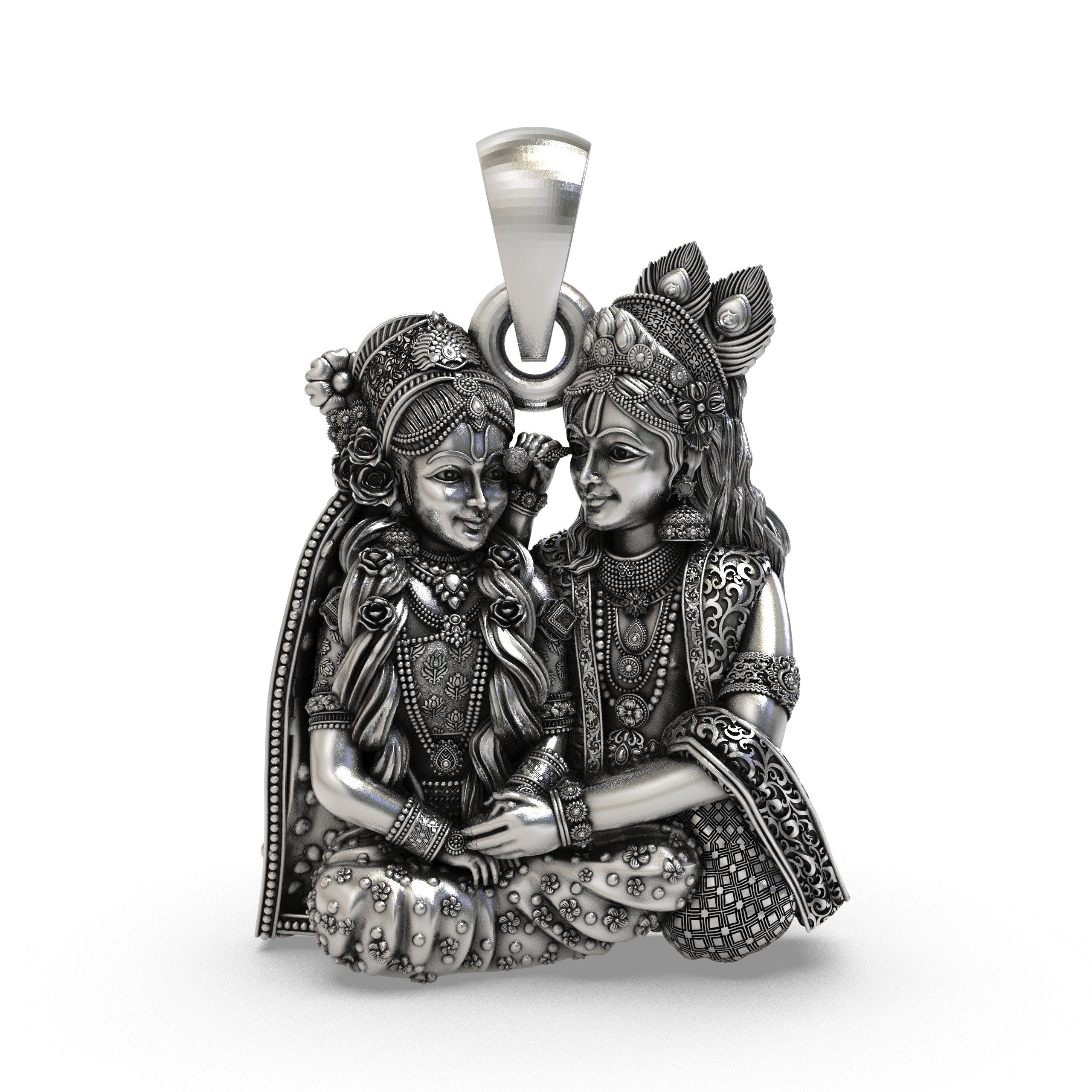 Front view of the 925 sterling silver Radha Krishna seated love pendant with oxidized finish.