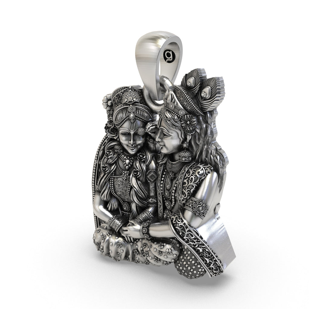 Beautifully presented 925 silver Radha Krishna seated idol pendant in a premium Alankar gift box.