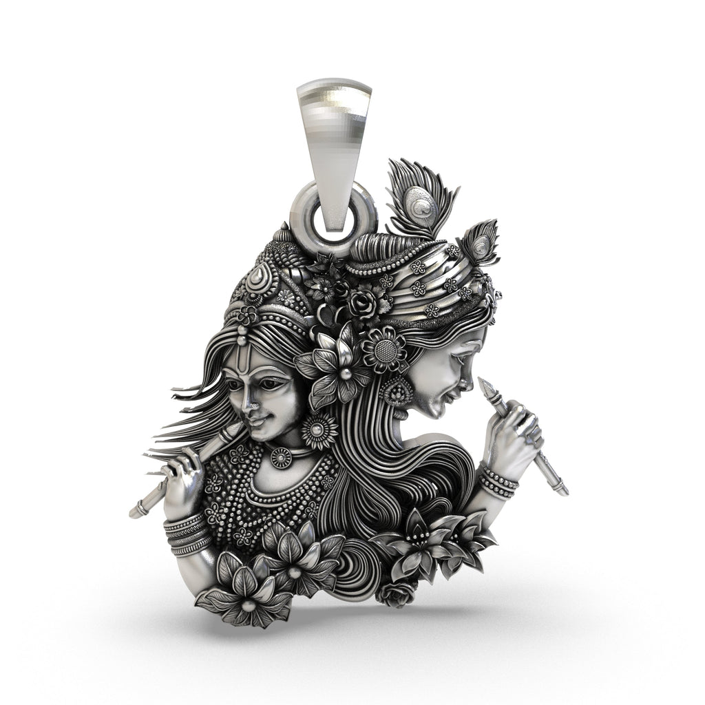 Front view of 925 silver Radha Krishna flute pendant showing floral and peacock feather details.